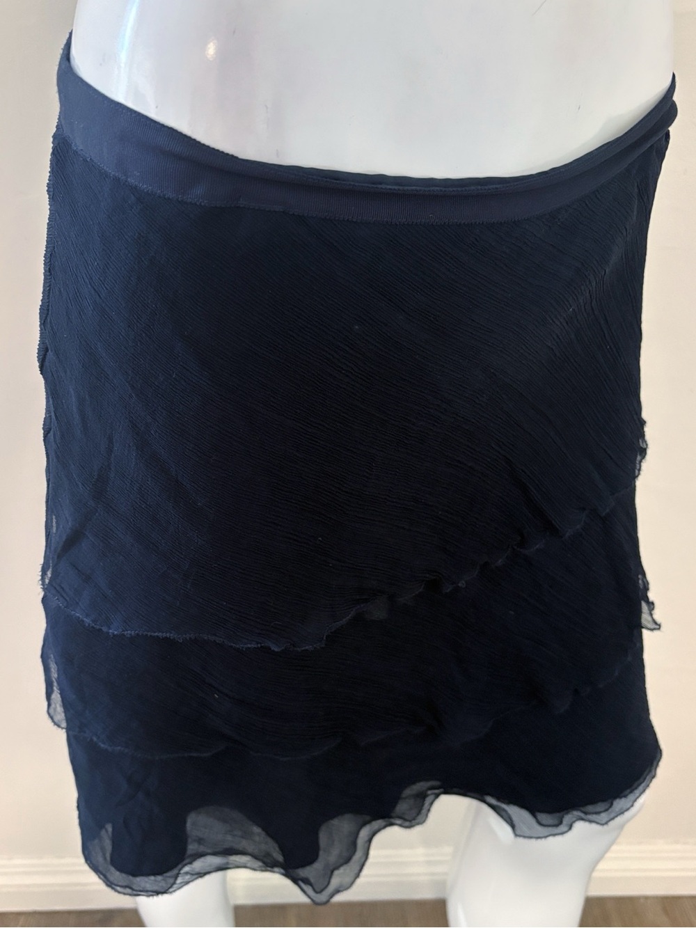 L’Agence Navy Blue Tiered Layered Ruffle Lightweight Mini Skirt 100% Silk Size 3